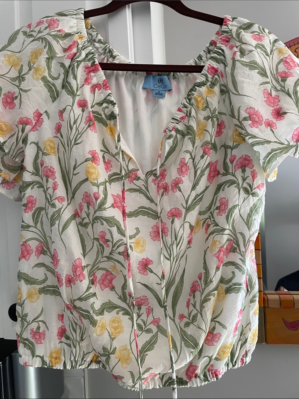 CeCe White Floral Tie-Front Peasant Top — Pink & Yellow